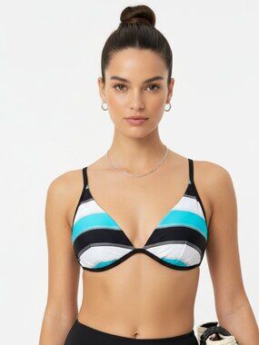 Ocean Dream Black White & Blue Striped Underwire Contour Bikini Swim Top NEW 16